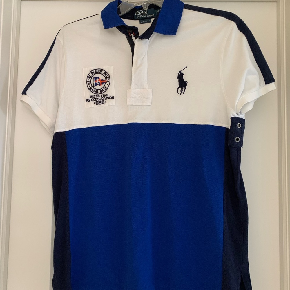 Ralph Lauren Men's Blue and White Polo Shirt
Zipper front- 100% cotton